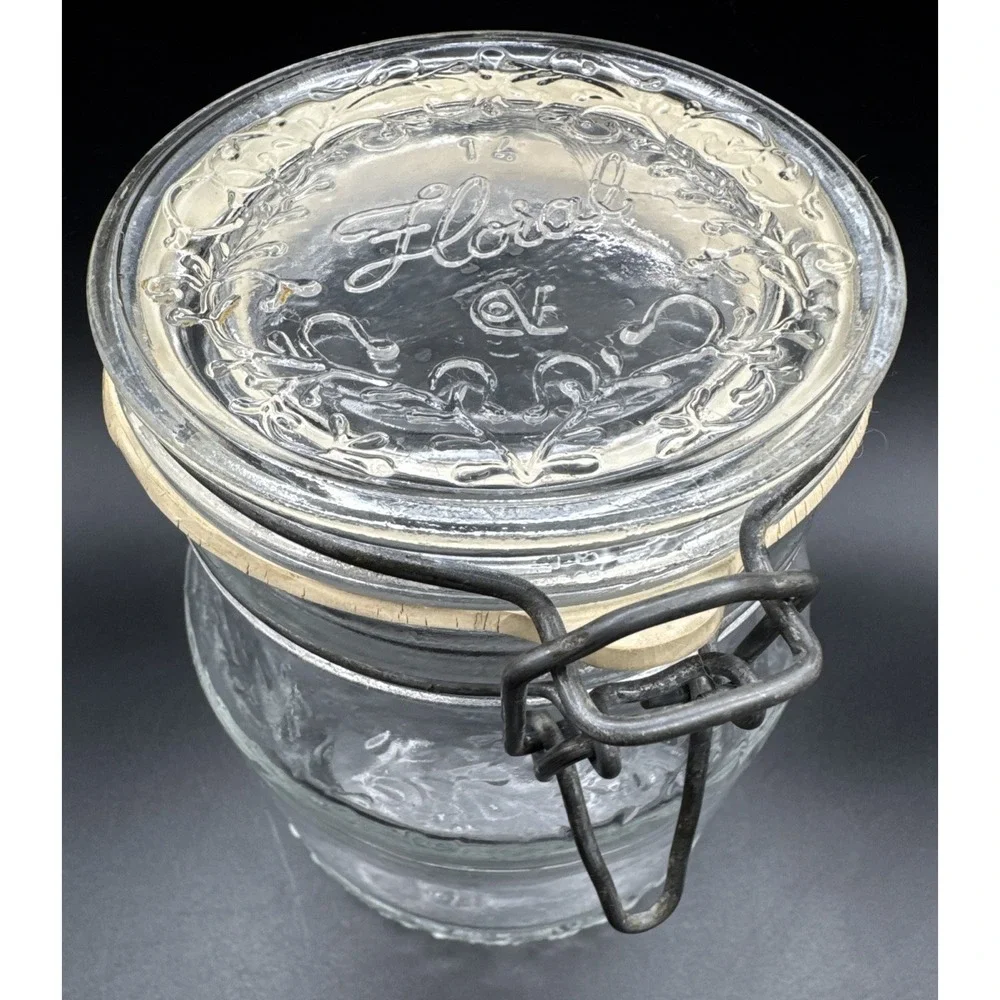 Vintage 70s Floral Cove Glass Jar Wire Latch Canister 1 Liter / Quart 6.5